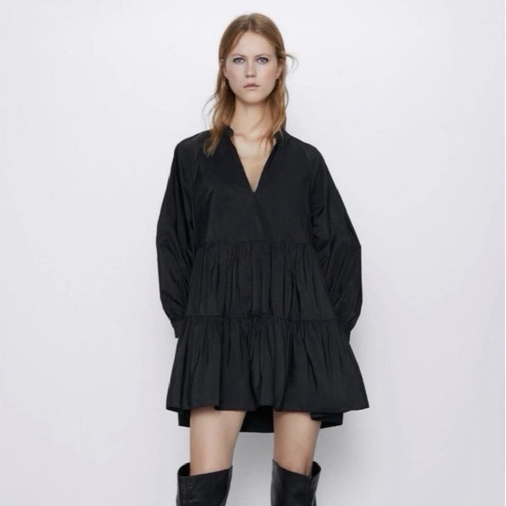 Zara Women's Taffeta Black V-neck Long Sleeve Mini Dress Sz XS Casual Minimalist